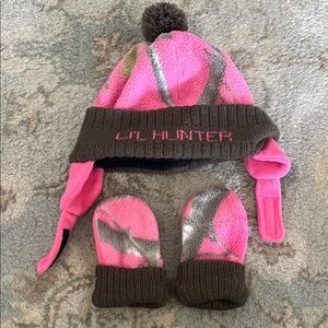 Lil Hunter Pink and Brown Kids Hat and Mittens Set